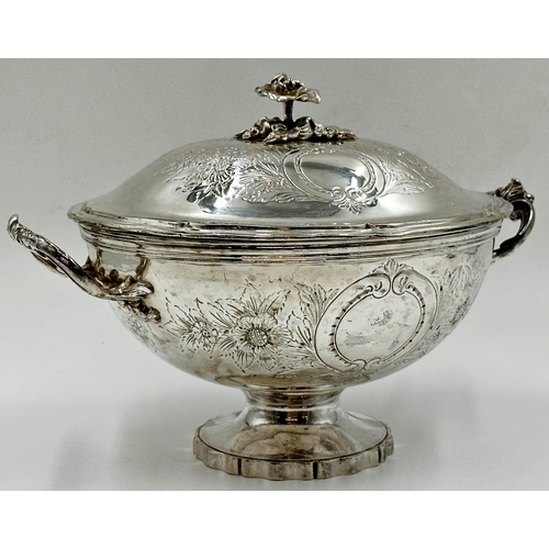 110 - Good quality nickel plated twin handled terrine the lid mounted by a cast rose, the bowl with twin h... 