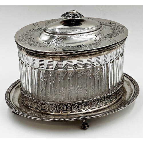 111 - Good quality silver plate and cut glass oval biscuit barrel, the hinged lid over a fluted cut glass ... 