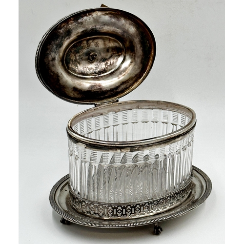 111 - Good quality silver plate and cut glass oval biscuit barrel, the hinged lid over a fluted cut glass ... 