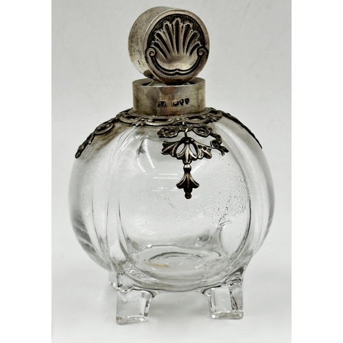 161 - Good Victorian silver applied globular decanter or scent bottle, with scallop shell silver stopper, ... 