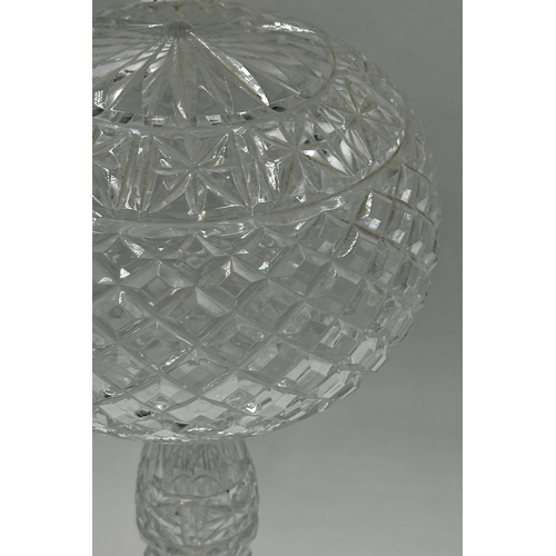 344 - Pressed glass lamp and shade possibly by Waterford, 35cm high.