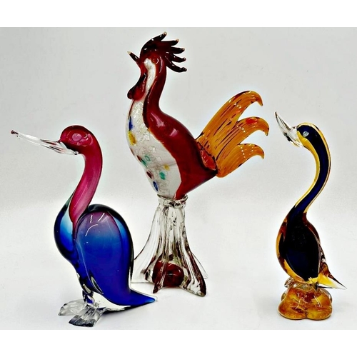 353 - Three Murano glass birds to include a Cockerel and two ducks, the Cockerel 40cm high (3)