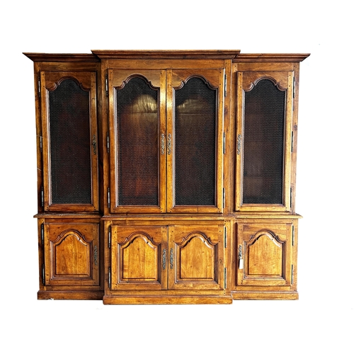 1357 - Good quality French fruitwood breakfront Bibliotheque, the raised back with four arched wirework doo... 