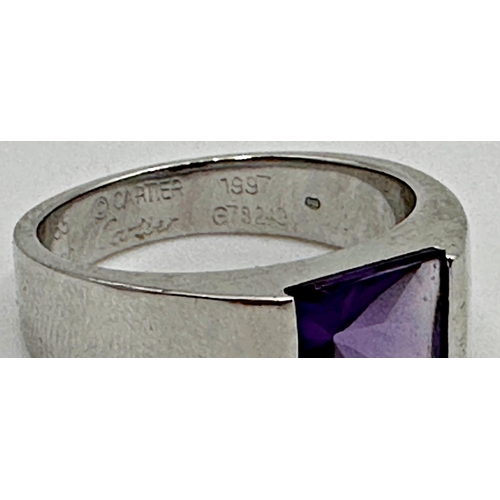 236 - Cartier Tank 18k white gold and amethyst ring, signed Cartier 1997 and G78249, size O, 10.1g, boxed,... 