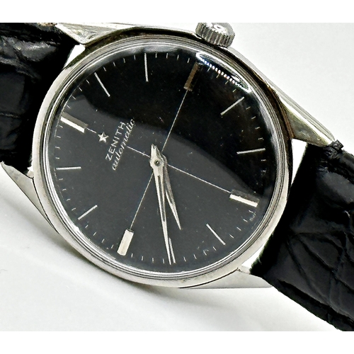 9 - Vintage Zenith Automatic gents stainless steel dress watch, black dial with stainless baton markers,...