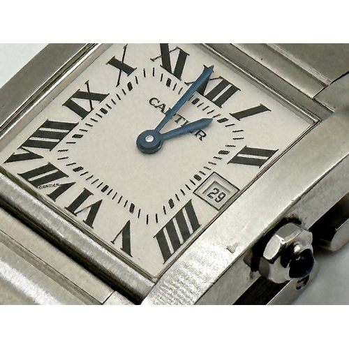 3 - Cartier Tank Francaise mid-size stainless steel wristwatch, white dial with Roman numerals, blue ste... 