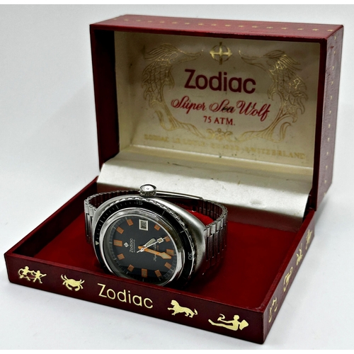 12 - Vintage Zodiac 'Super Sea Wolf' Automatic stainless steel divers watch, black dial with orange and l...