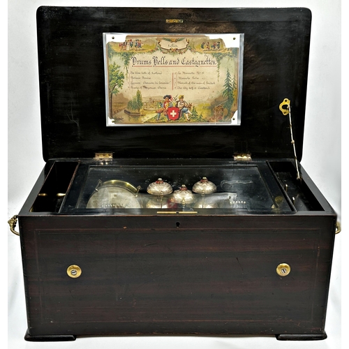 51 - Incredible 19th century rosewood and boxwood inlaid orchestra music box, the insides playing drums, ... 