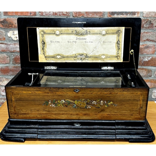 57 - Incredible 19th century rosewood and boxwood inlaid Paillard interchangeable music box, four interch... 