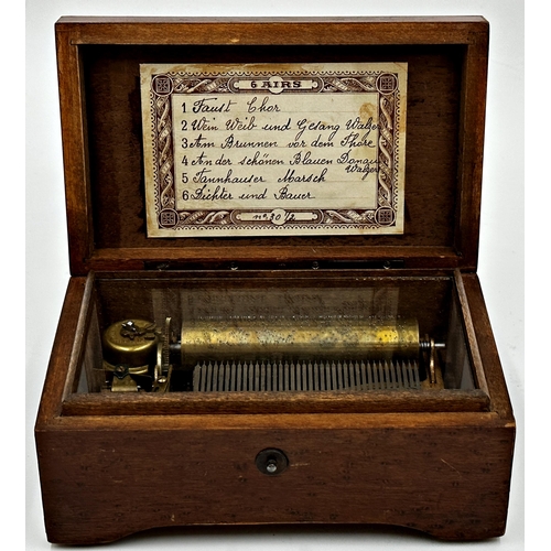 58 - Early 20th century Thorens walnut cased musical snuff box, playing six airs, 15.5cm long, currently ... 