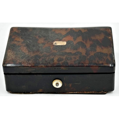 61 - 19th century tortoiseshell cased musical snuff box, playing four airs, 10cm long, currently running ... 