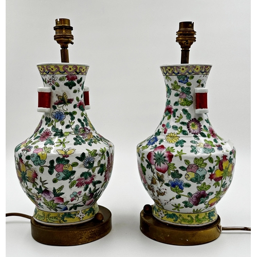 1129 - Pair of Chinese porcelain Famille Vert baluster vase lamps, 34cm high (2)