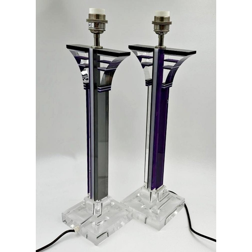 1136 - Good pair of Art Deco style Lucite table lamps, the clear Lucite inset with purple and cream, 54cm (... 