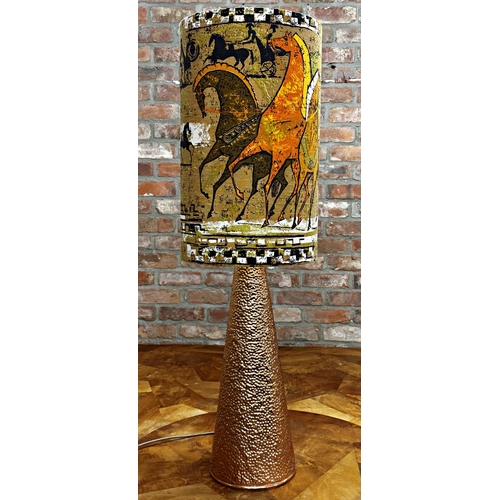 1144 - 1960s textured copper tapered floor lamp, with Tibor Reich fabric shade, 117cm high