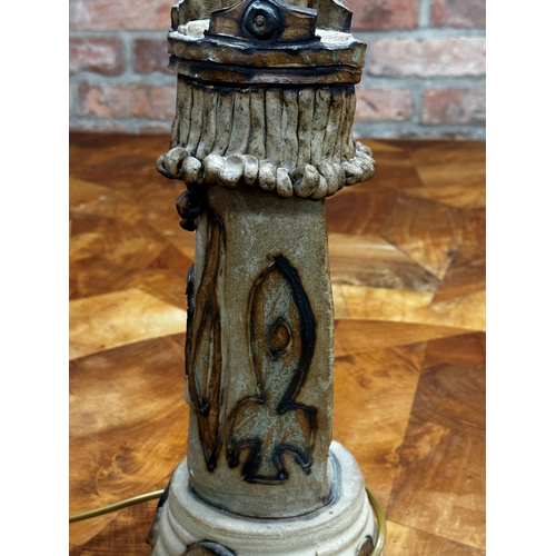 1149 - Unusual studio pottery figural table lamp in the form of a king holding a pigeon, 46cm high