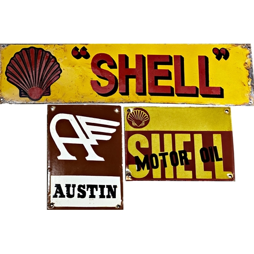 1095 - Advertising - shell, for shell oil, enamel sign red text on a yellow ground, 15.5 x 61cm together wi... 