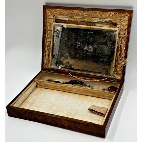 392 - Late 19th century burr walnut and rosewood cross banded dressing box the hinged lid with mirror to t... 