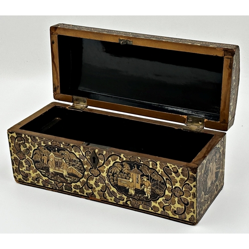 401 - A Regency period ebonised chinoiserie glove box, the domed top and sides decorated with panels of fi... 