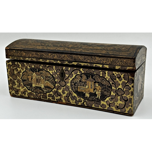 401 - A Regency period ebonised chinoiserie glove box, the domed top and sides decorated with panels of fi... 