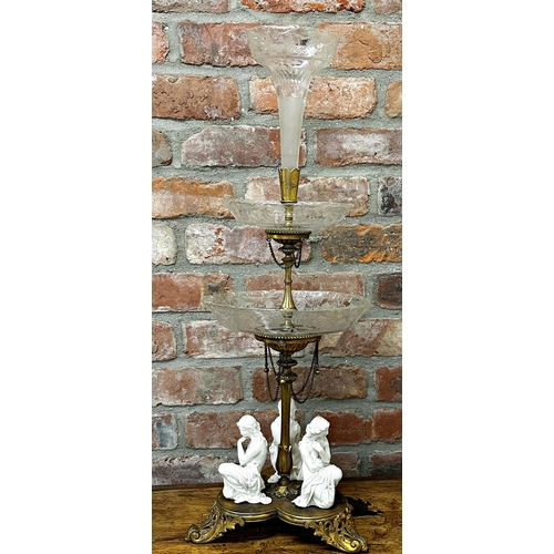 119 - Incredible gold plated epergne centrepiece, central glass trumpet with two graduated etched glass tr... 