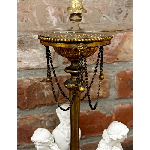 119 - Incredible gold plated epergne centrepiece, central glass trumpet with two graduated etched glass tr... 