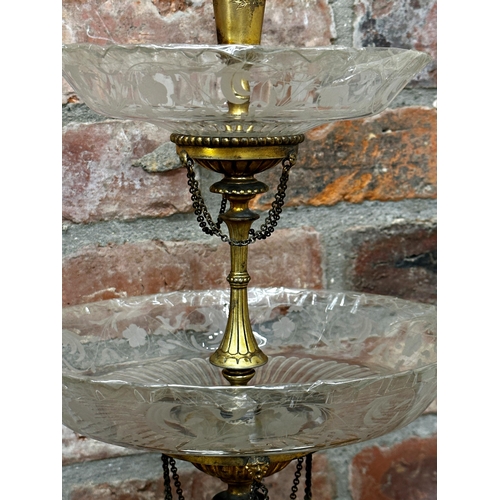 119 - Incredible gold plated epergne centrepiece, central glass trumpet with two graduated etched glass tr... 