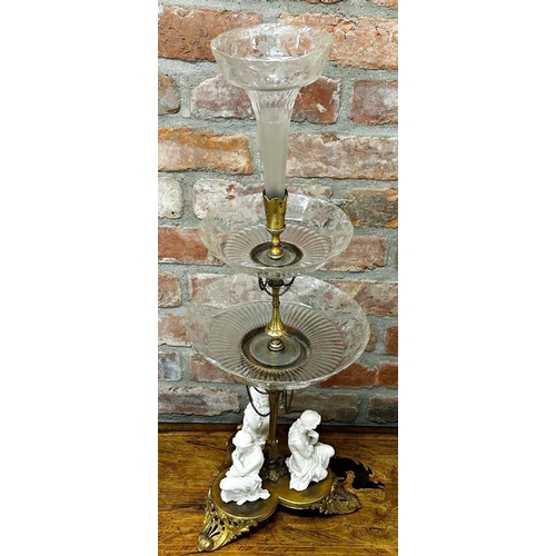 119 - Incredible gold plated epergne centrepiece, central glass trumpet with two graduated etched glass tr... 