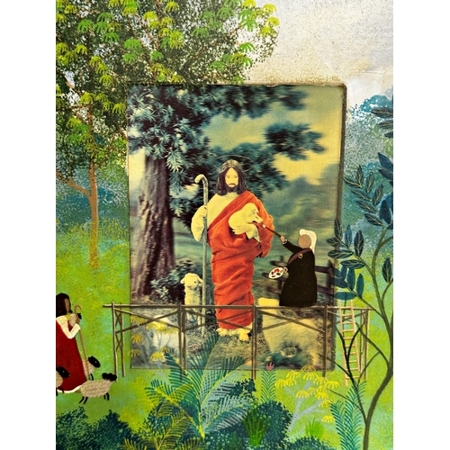 1255 - Jonathan Routh (1927-2008) - Biblical scene of a nun painting jesus, signed, mixed media with hologr... 