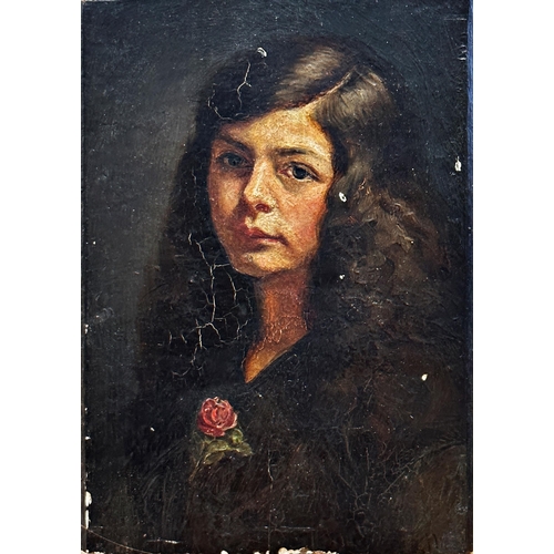 1381 - Early 20th century school - bust portrait of a lady wearing a rose corsage, oil on panel, 15 x 11cm