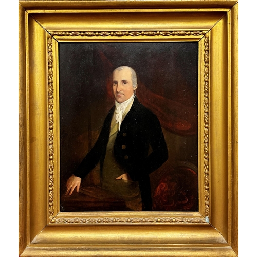 1396 - 19th century school - portrait of a standing gentleman, unsigned, oil on panel, 37 x 30cm, framed