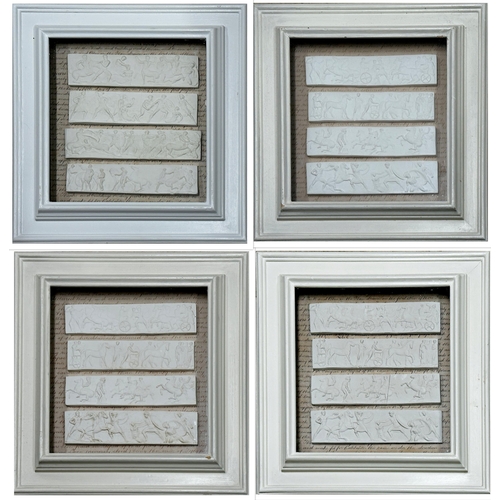 423 - Four framed sets of grand tour type plaster plaques four in each frame, with glazed fronts, the fram... 