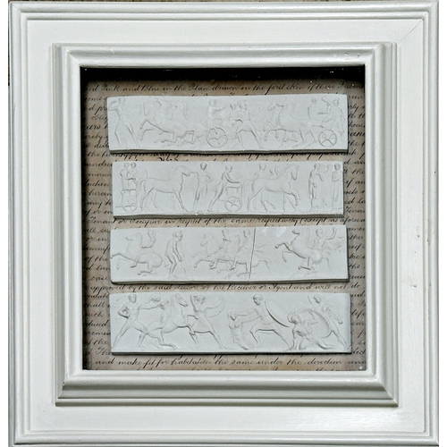 423 - Four framed sets of grand tour type plaster plaques four in each frame, with glazed fronts, the fram... 