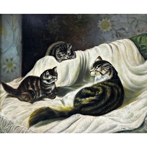 1398 - Jan Mortel (b. 1906) - Three cats, signed, primitive oil on panel, 23 x 29cm,framed