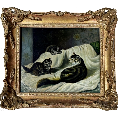 1398 - Jan Mortel (b. 1906) - Three cats, signed, primitive oil on panel, 23 x 29cm,framed