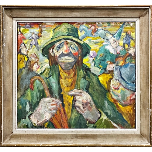 1261 - 20th century school - Portrait of a clown surrounded by other clowns in a circus, oil on canvan, ins... 