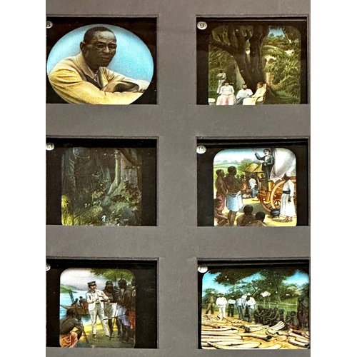 434 - Unusual framed diorama of forty numbered magic lantern slides of Livingstone in Africa, set within a... 