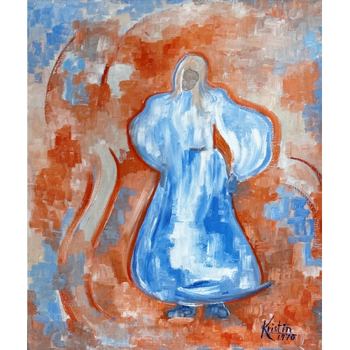 1262 - Kristin (20th century) - portrait of a standing lady in a blue dress, signed and dated 1970, oil on ... 