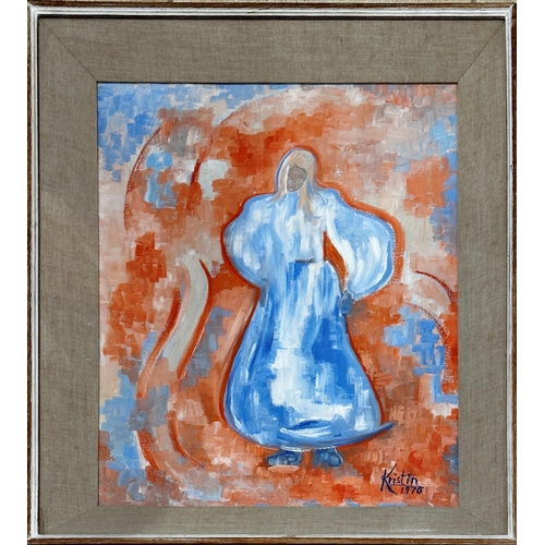 1262 - Kristin (20th century) - portrait of a standing lady in a blue dress, signed and dated 1970, oil on ... 