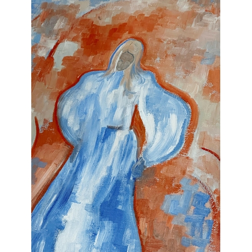 1262 - Kristin (20th century) - portrait of a standing lady in a blue dress, signed and dated 1970, oil on ... 