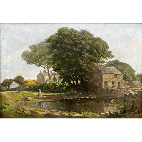 1406 - John Lawson (1869-1909) - Summer rural scene, with a female figure stood by a pond, signed, oil on c... 