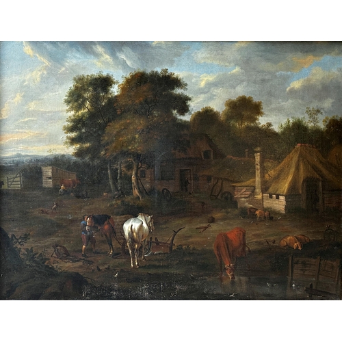 1409 - 19th century school - a rural farmyard landscape with figures, horses, cattle and pigs, unsigned, oi... 