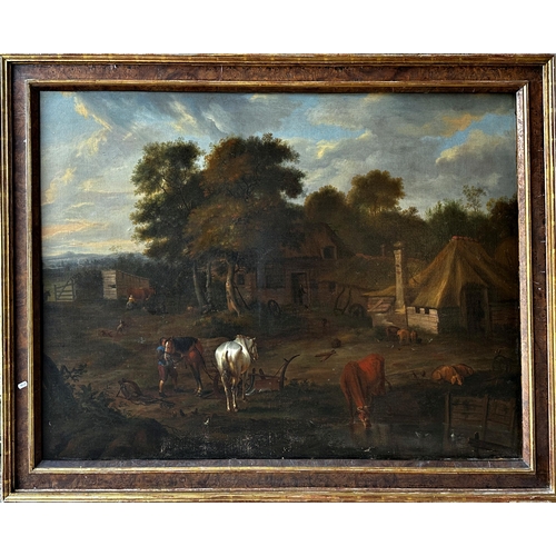 1409 - 19th century school - a rural farmyard landscape with figures, horses, cattle and pigs, unsigned, oi... 