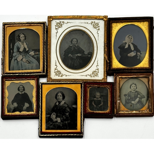 1387 - Collection of seven Daguerreotype, all portraits of women, in half leather and gilt frames, the larg... 