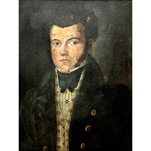 1411 - 19th century school - bust portrait of a well dressed gentleman in overcoat and cravat, oil on board... 