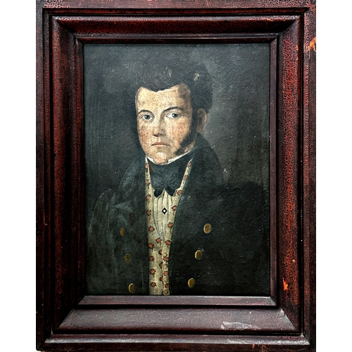 1411 - 19th century school - bust portrait of a well dressed gentleman in overcoat and cravat, oil on board... 