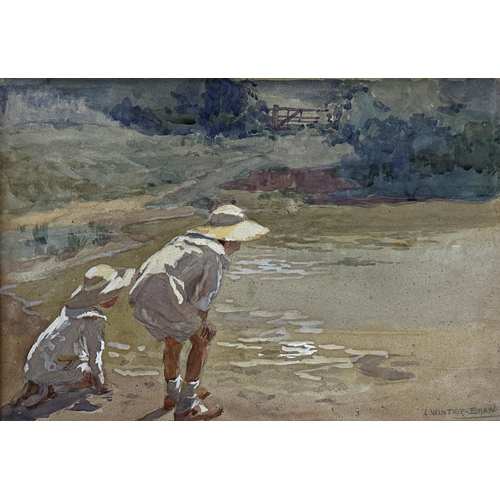 1412 - Arthur Winter Shaw (1869-1948) - Two boys at the waterside, signed, watercolour with gouache highlig... 