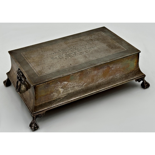 218 - Exceptional quality silver desk standish, engine turned hinged lid inscribed 'Presented by the Chair... 