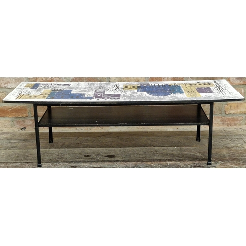 1194 - John Piper for Conran - 'London scenes' formica coffee table, on steel legs with undertier, 36 x 114... 