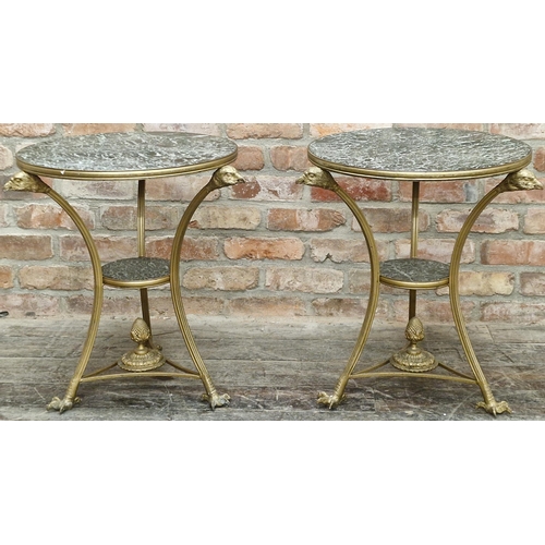 1289 - Pair of  French empire style gilt cast metal wine or occasional tables, with green veined marble top... 