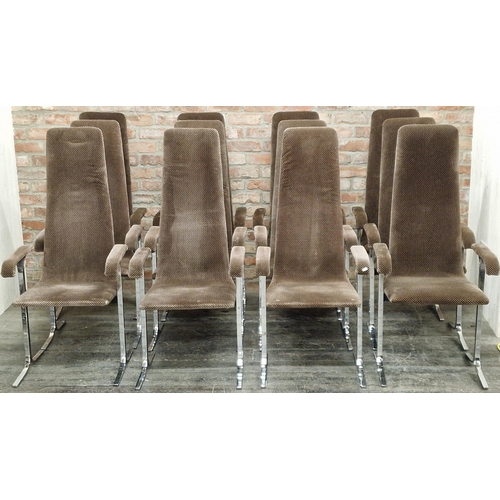 1196 - Set of 12 Pieff Lisse carver dining chairs with geometric upholstery upon cast chrome frames (12).